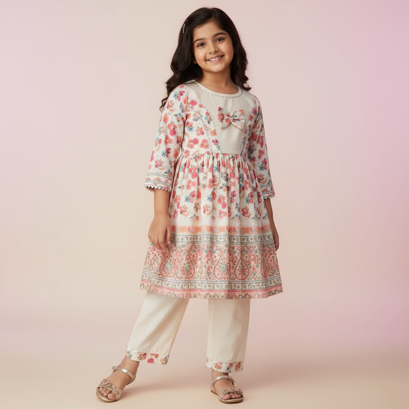 Girls Chikan Work Floral Kurti With Khadi Cotton Pants – Soft Cotton Lined