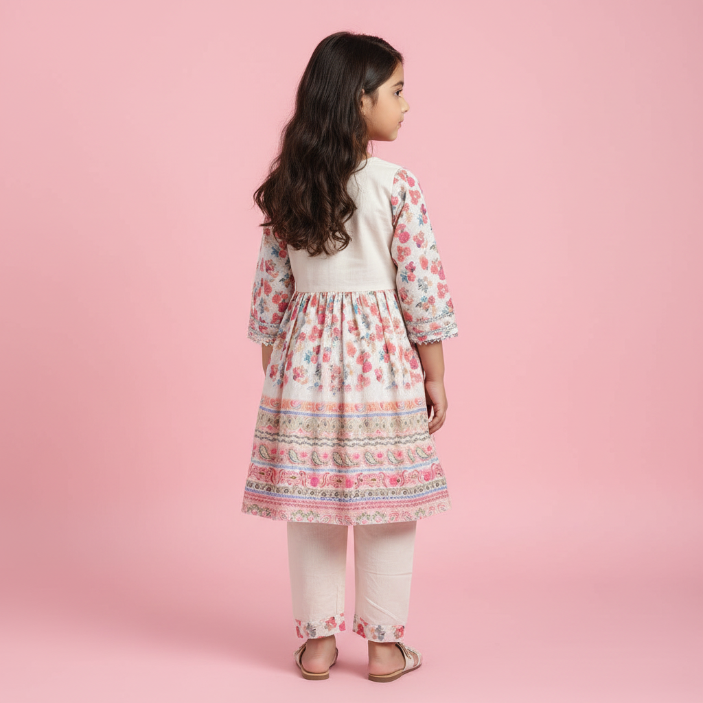Girls Chikan Work Floral Kurti With Khadi Cotton Pants – Soft Cotton Lined
