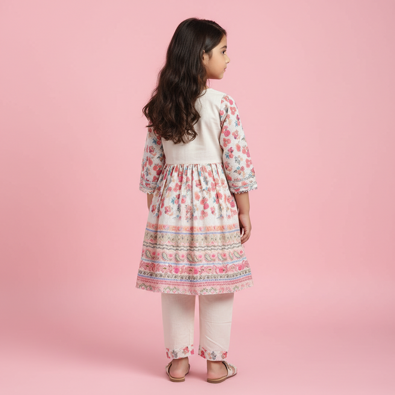 Girls Chikan Work Floral Kurti With Khadi Cotton Pants – Soft Cotton Lined
