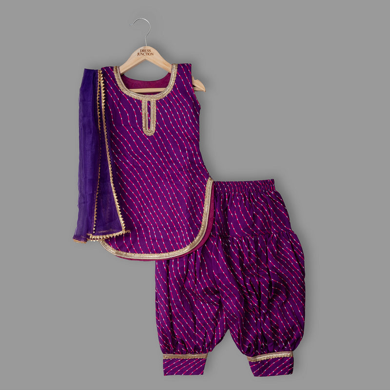 Girls Purple Bandhani Kurti Dhoti Pants With Dupatta