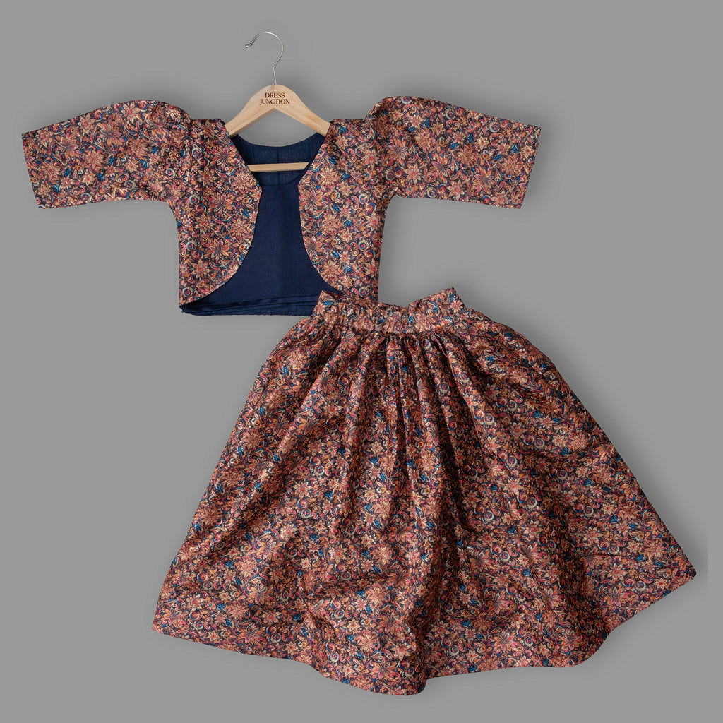 Girls Art Silk Printed Lehenga Set With Satin Blue Top & Jacket