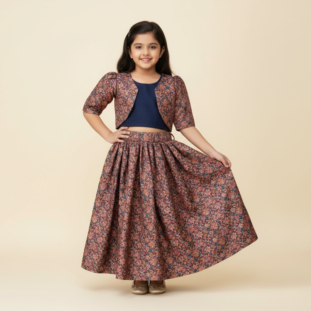 Girls Art Silk Printed Lehenga Set With Satin Blue Top & Jacket