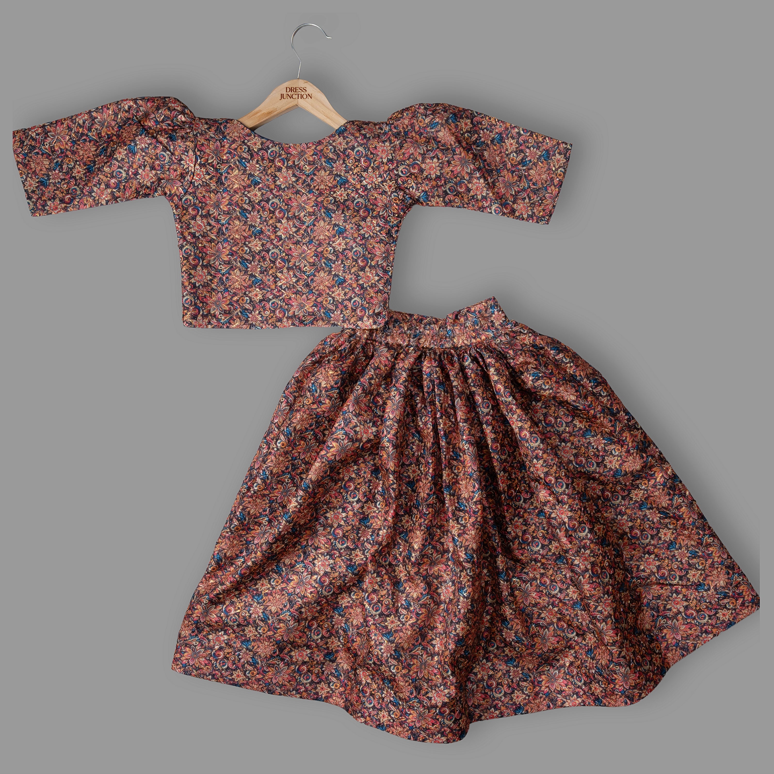 Girls Art Silk Printed Lehenga Set With Satin Blue Top & Jacket