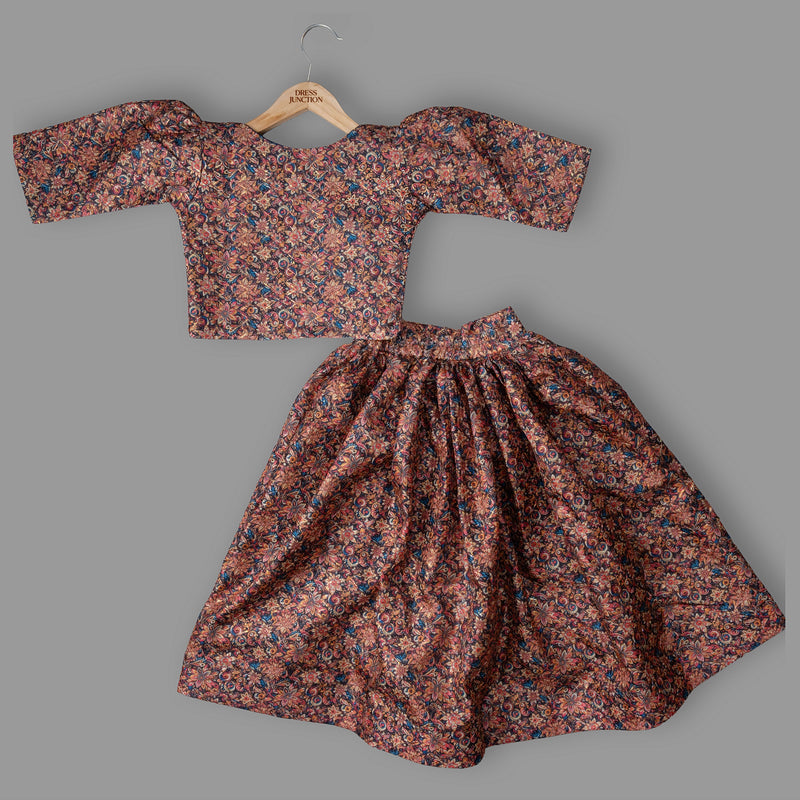 Girls Art Silk Printed Lehenga Set With Satin Blue Top & Jacket