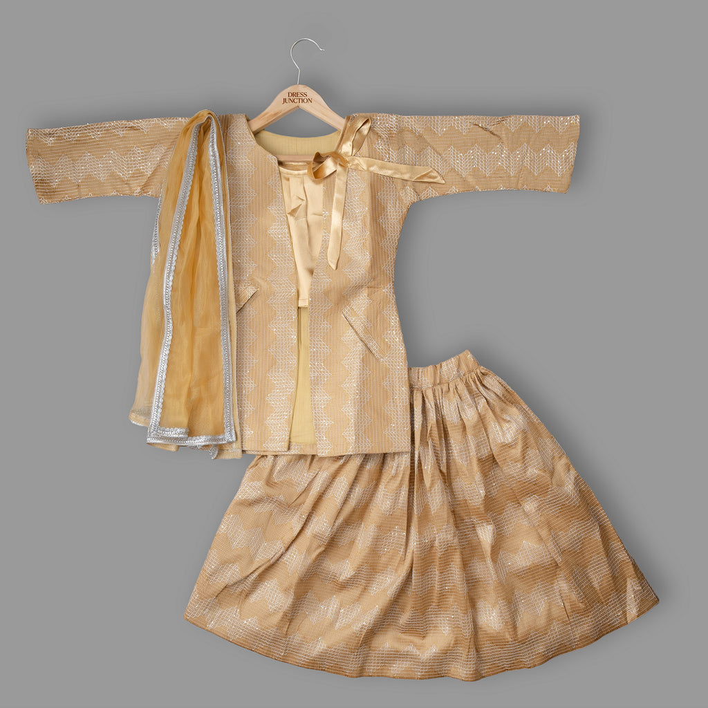 Girls Art Silk Kurta & Lehenga Set with Soft Net Dupatta – Gold