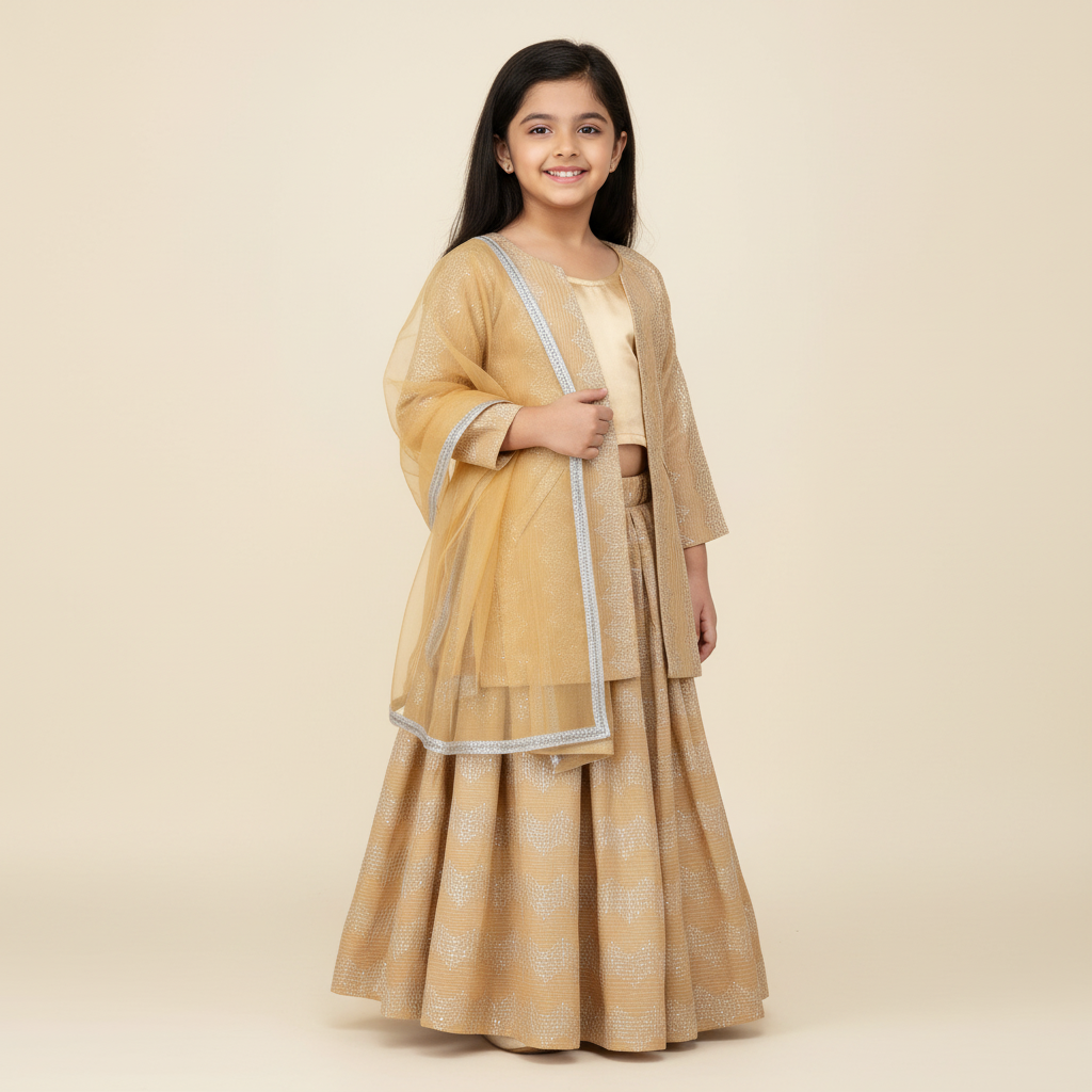 Girls Art Silk Kurta & Lehenga Set with Soft Net Dupatta – Gold