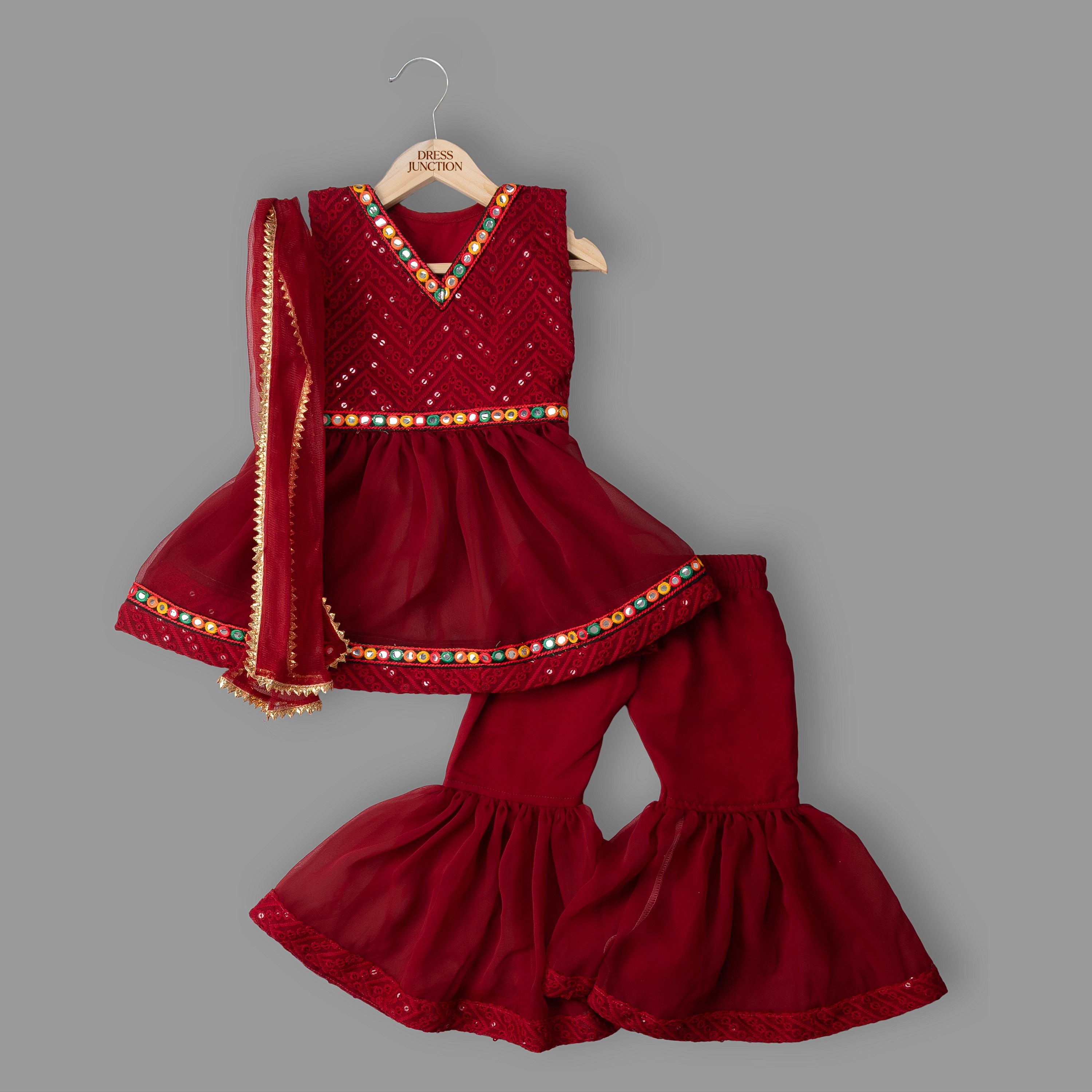 Girls Maroon Georgette Sharara Set with Mirror Work