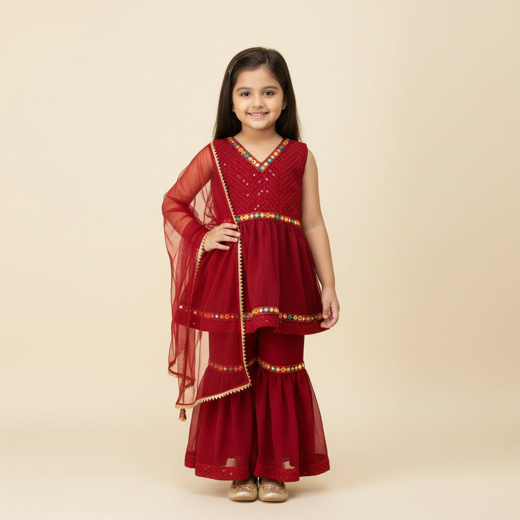 Girls Maroon Georgette Sharara Set with Mirror Work