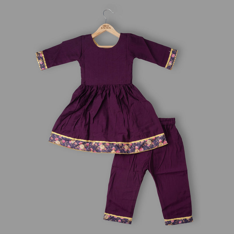 Girls Purple Cotton-Viscose Kurta & Pants Set with Art-Silk Print Highlights