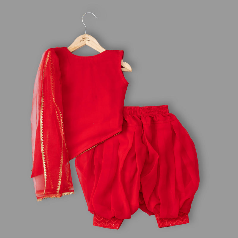 Girls Red Embroidered Georgette Asymmetric Kurti & Dhoti Set