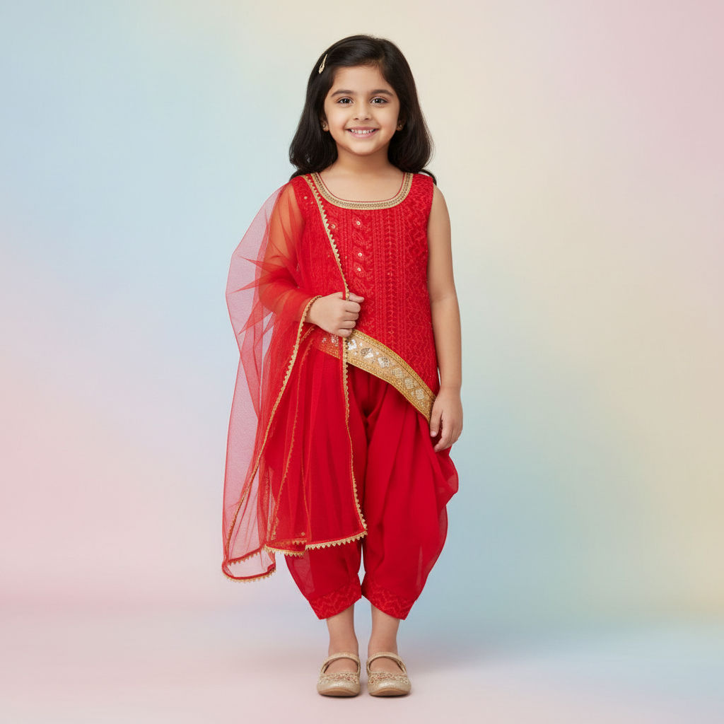 Girls Red Embroidered Georgette Asymmetric Kurti & Dhoti Set