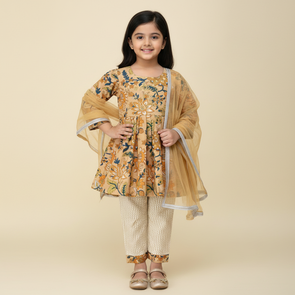 Girls Magic Cotton Floral Kurti Pant Set with Dupatta – Soft & Breathable