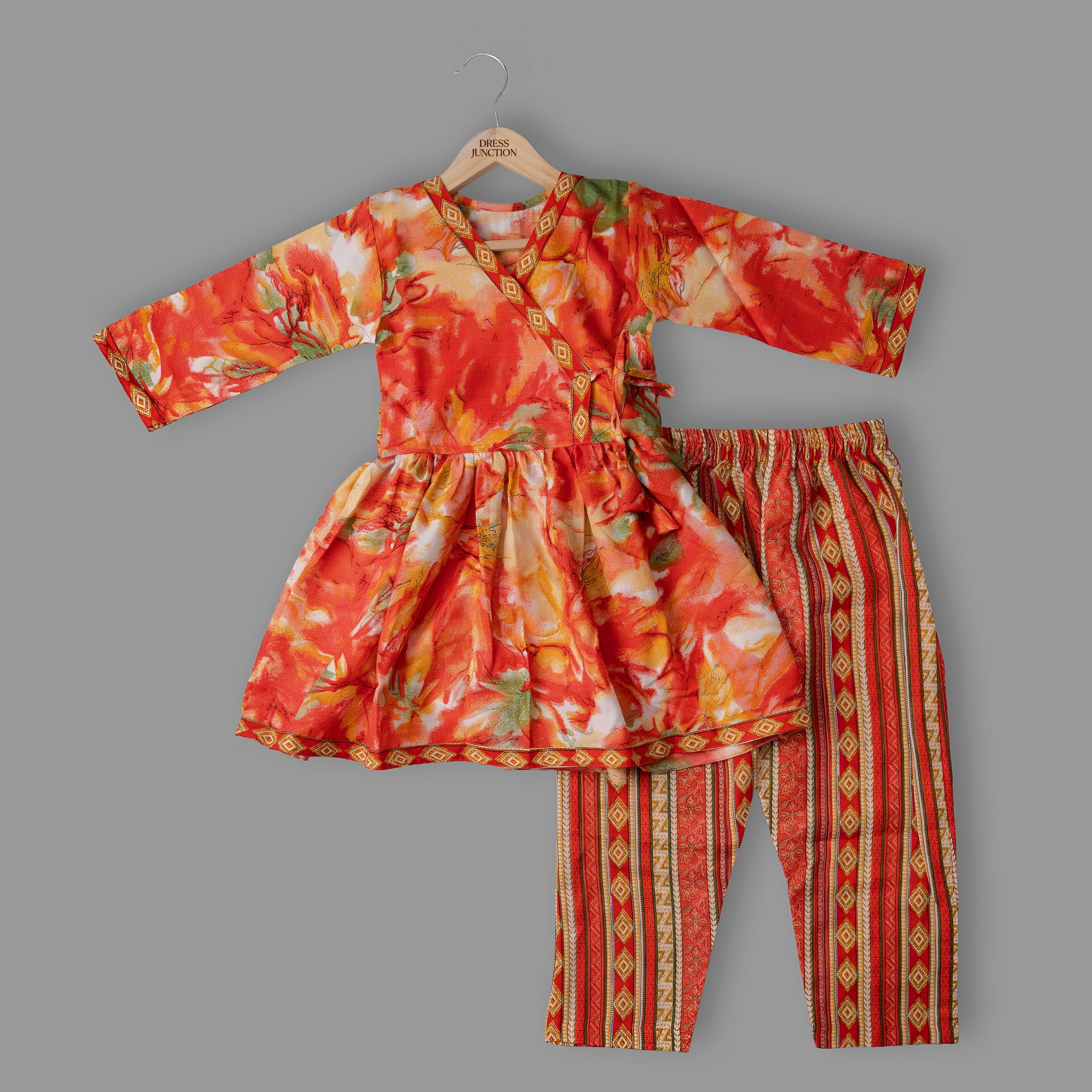 Girls Orange Floral & Stripe Magic Cotton Kurti With Pant Set