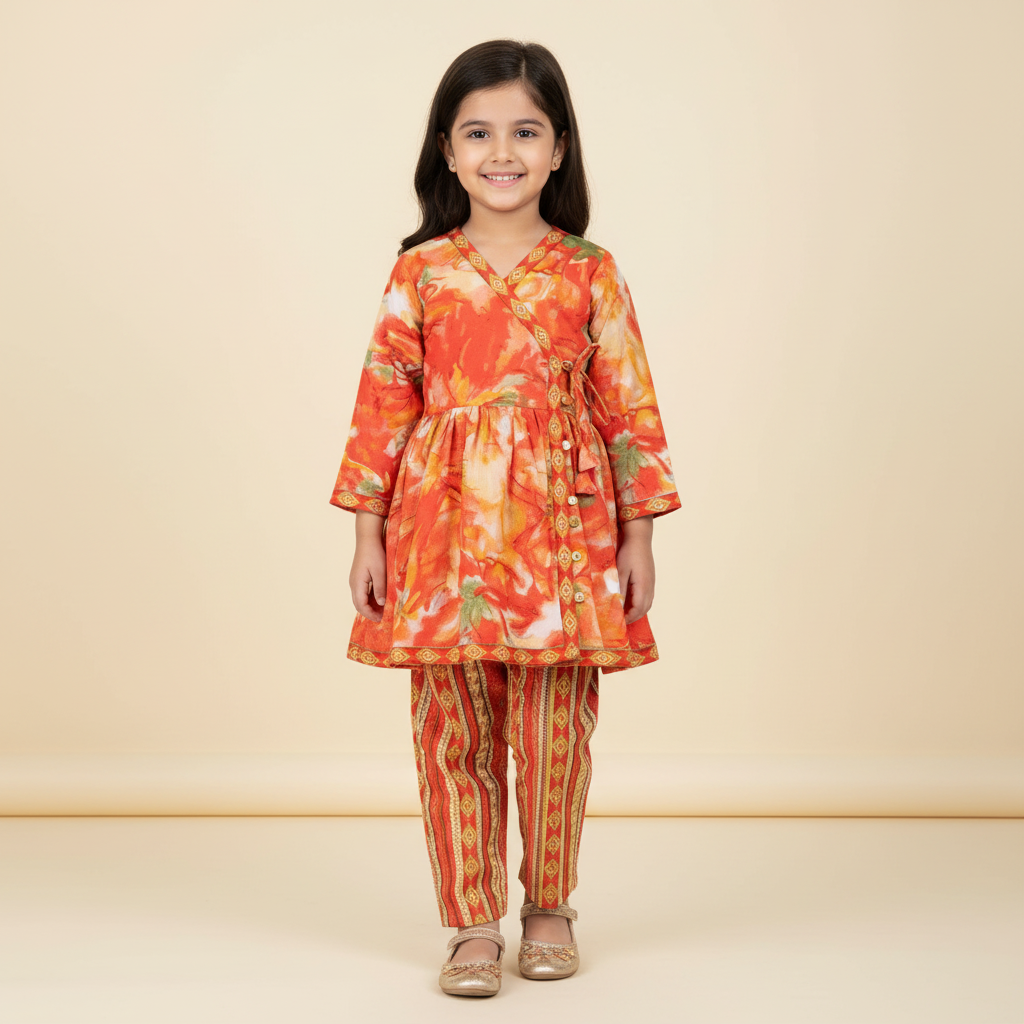 Girls Orange Floral & Stripe Magic Cotton Kurti With Pant Set