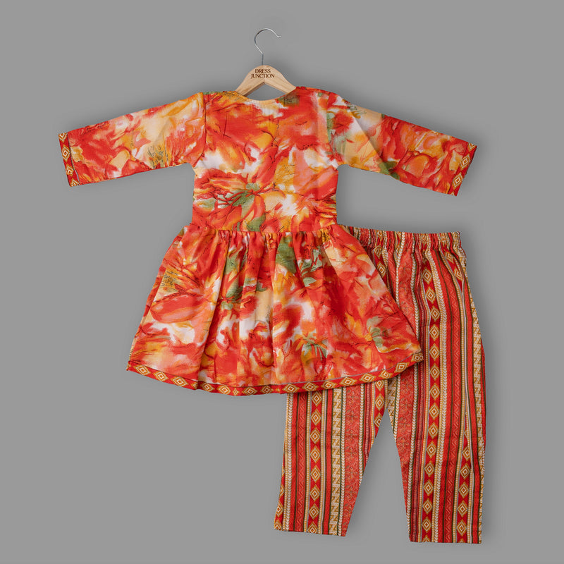 Girls Orange Floral & Stripe Magic Cotton Kurti With Pant Set