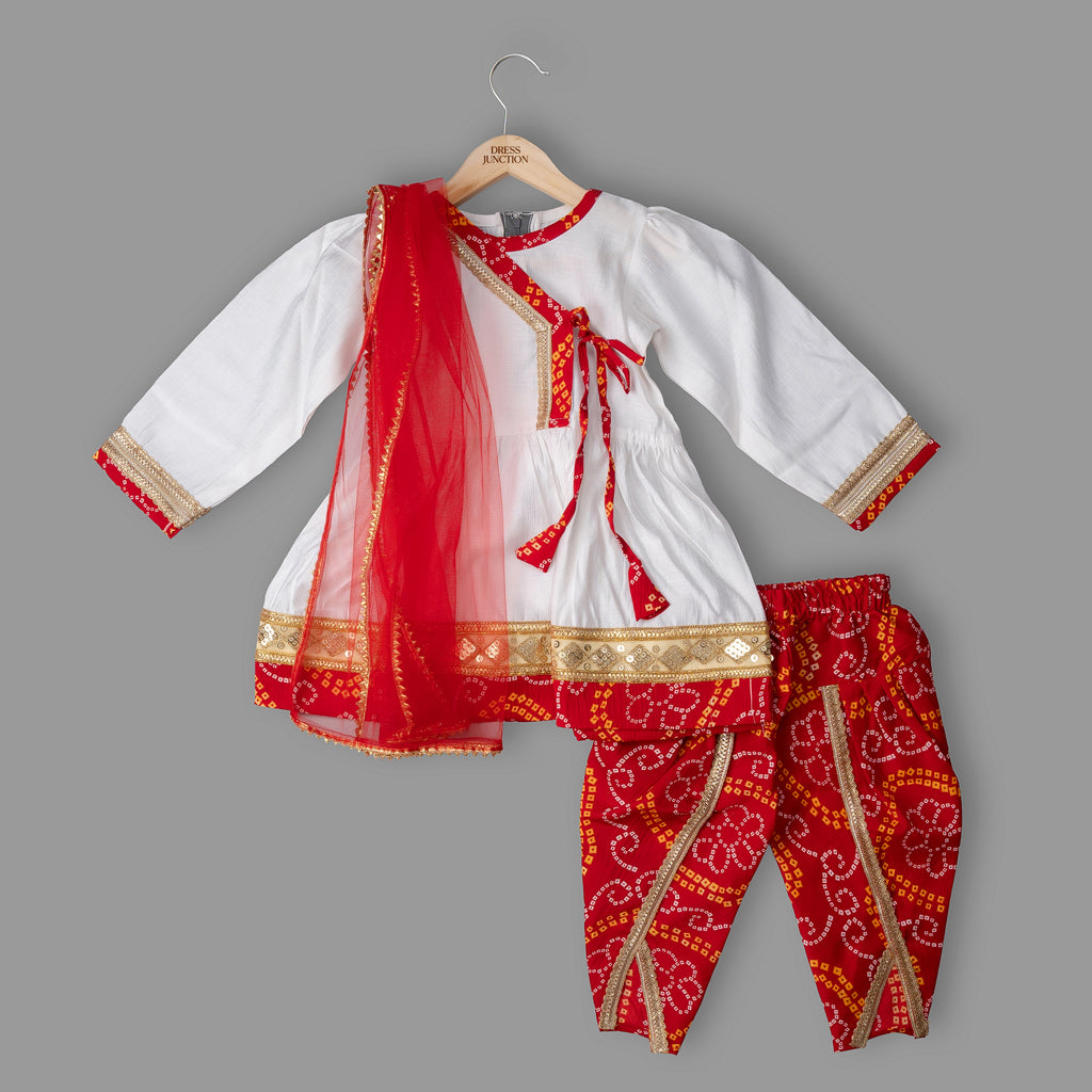 Girls White & Red Bandhani Kurta Set — Festive Patiala Suit with Dupatta