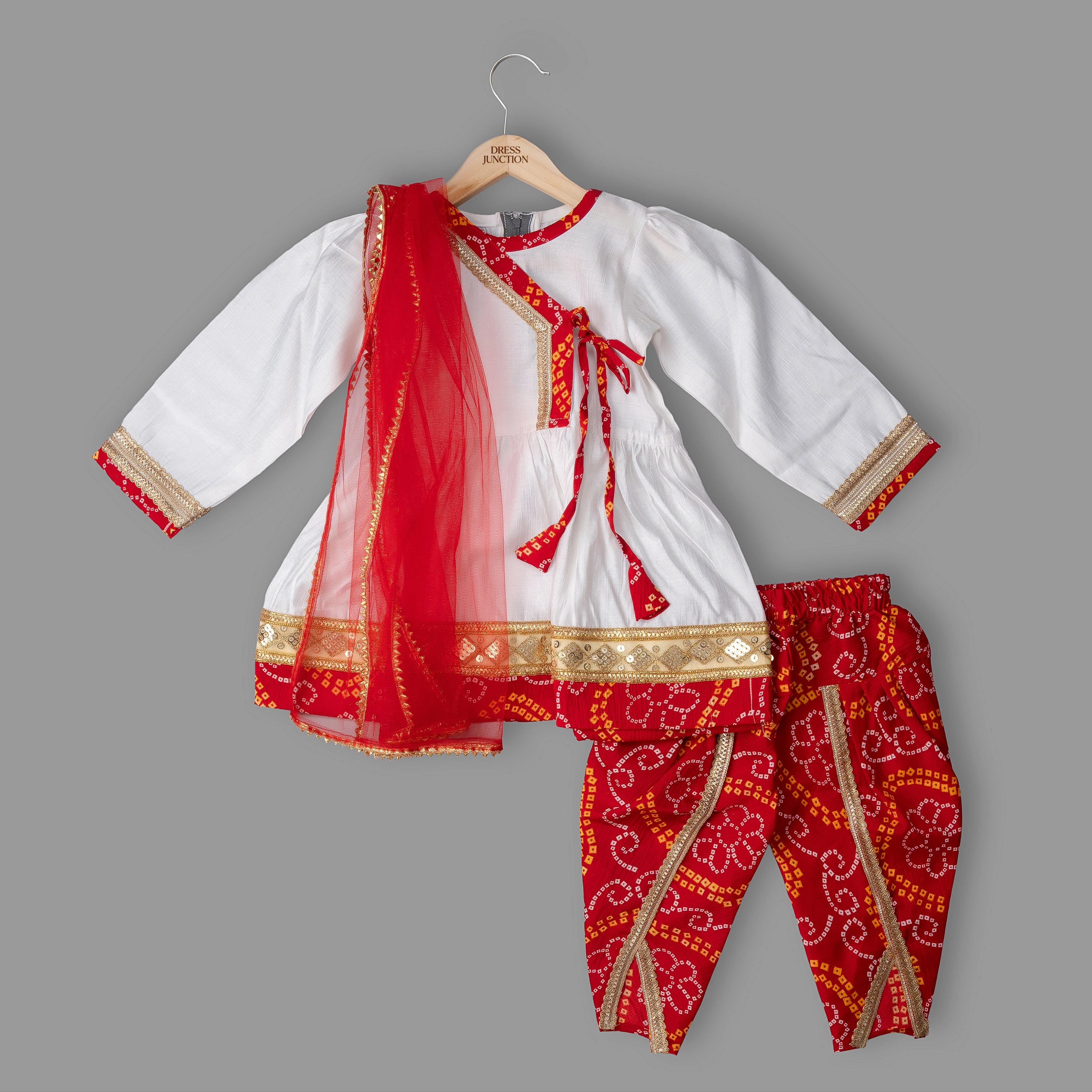 Girls White & Red Bandhani Kurta Set — Festive Patiala Suit with Dupatta