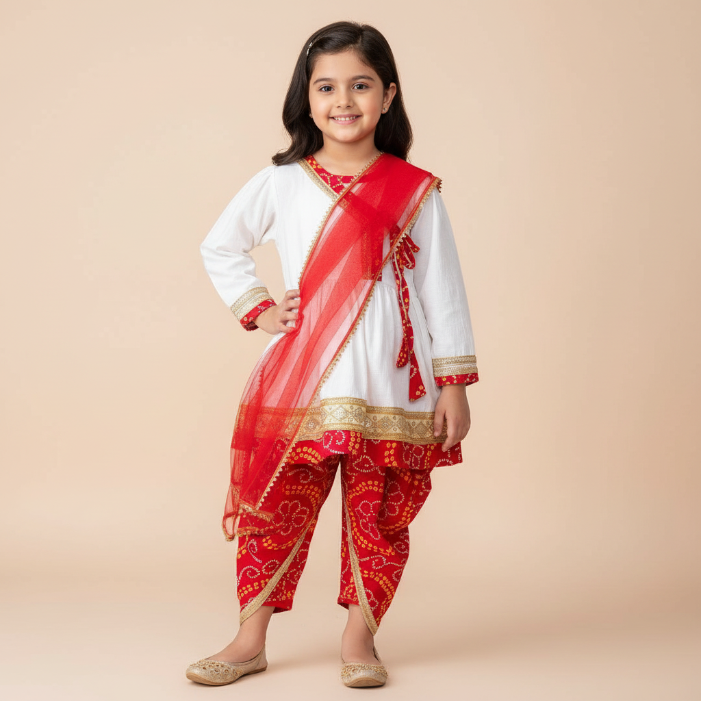 Girls White & Red Bandhani Kurta Set — Festive Patiala Suit with Dupatta