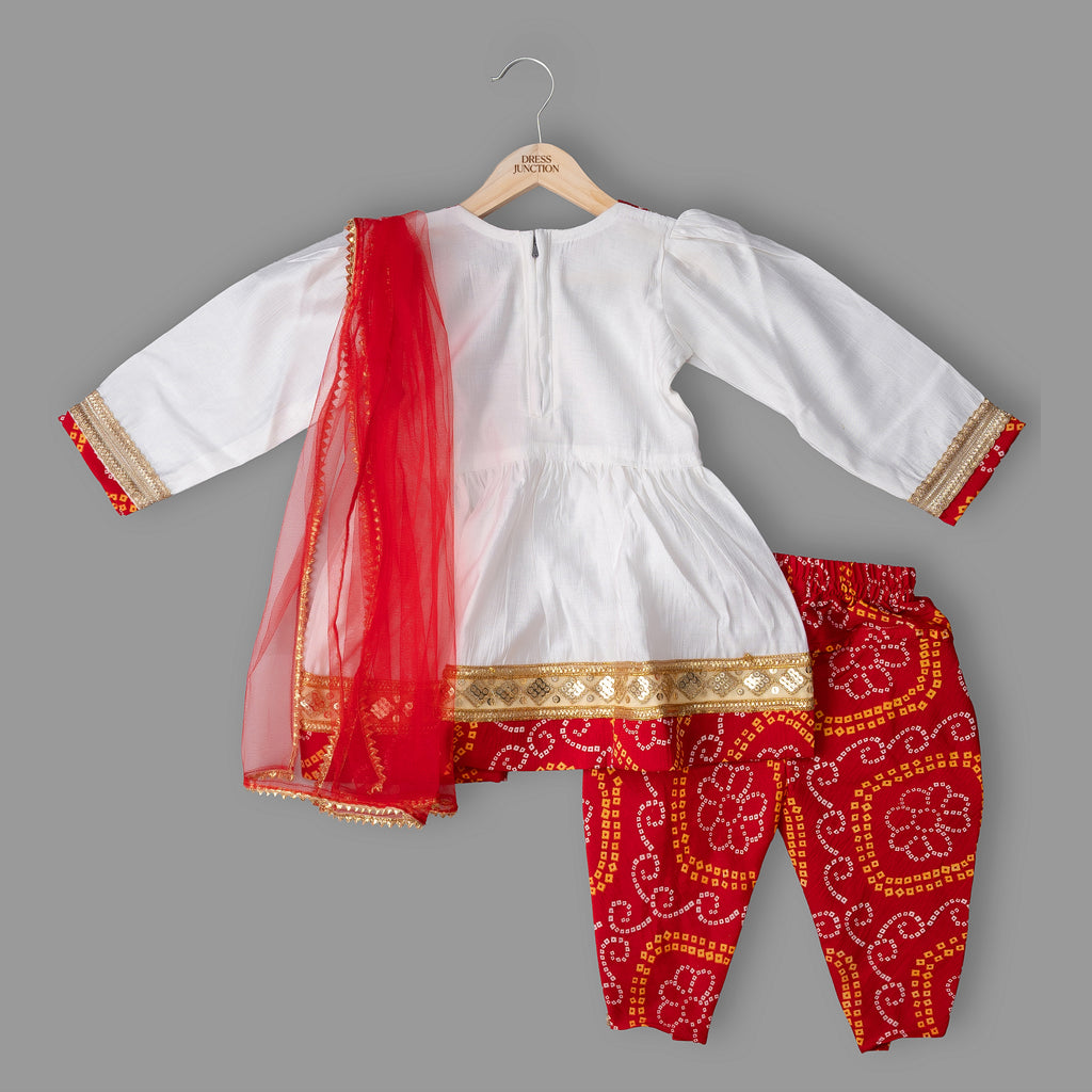 Girls White & Red Bandhani Kurta Set — Festive Patiala Suit with Dupatta