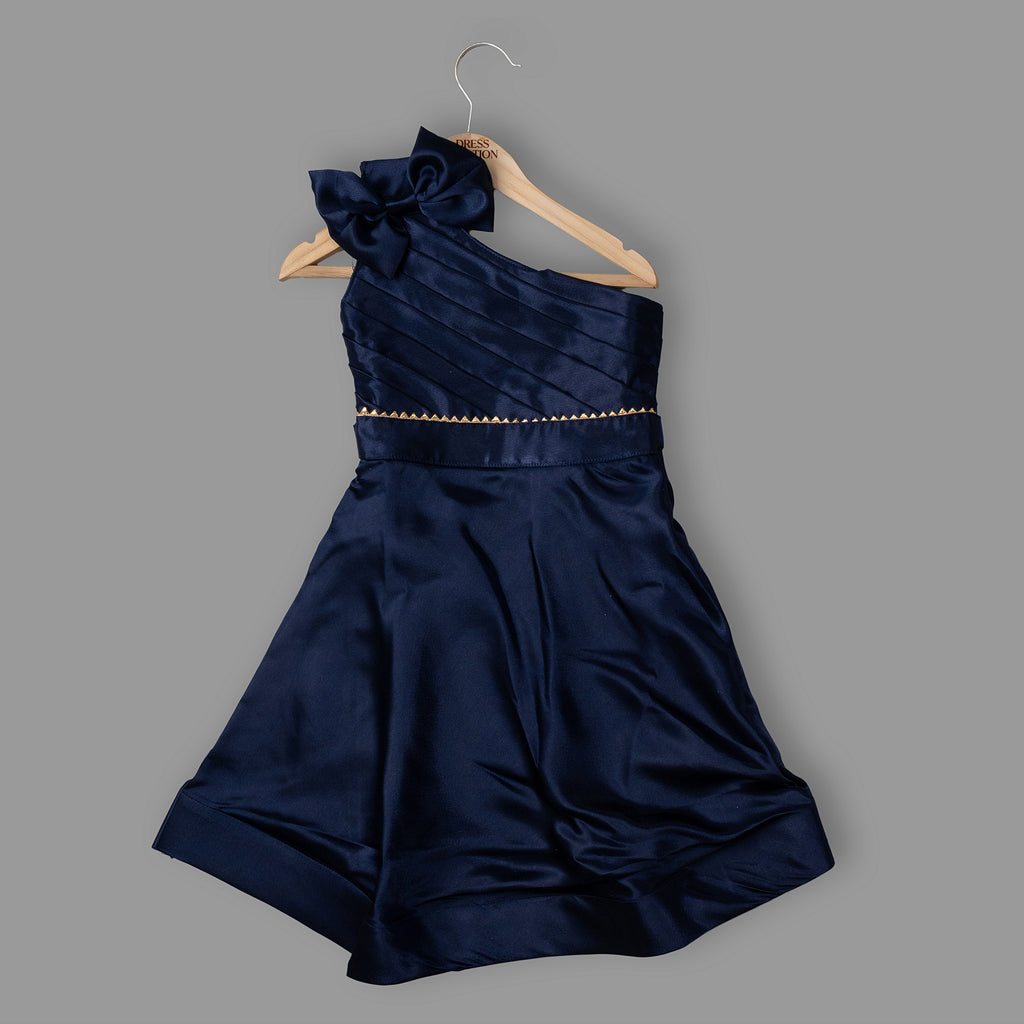 Navy Blue One-Shoulder Satin Party Dress for Girls