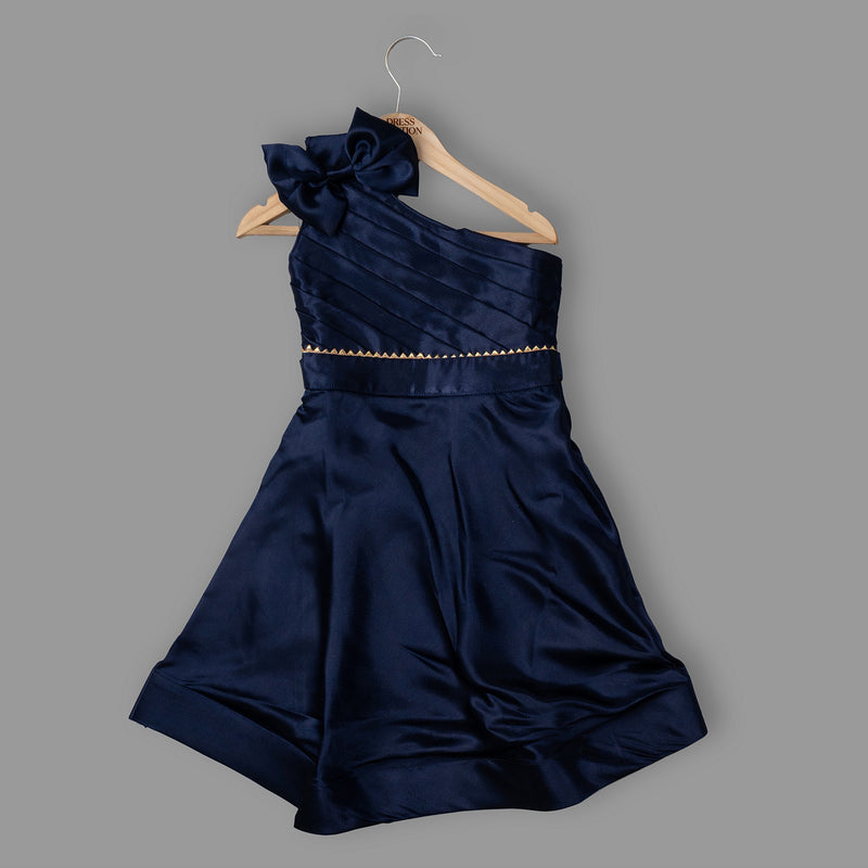 Navy Blue One-Shoulder Satin Party Dress for Girls