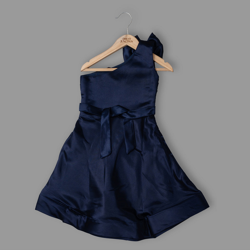 Navy Blue One-Shoulder Satin Party Dress for Girls