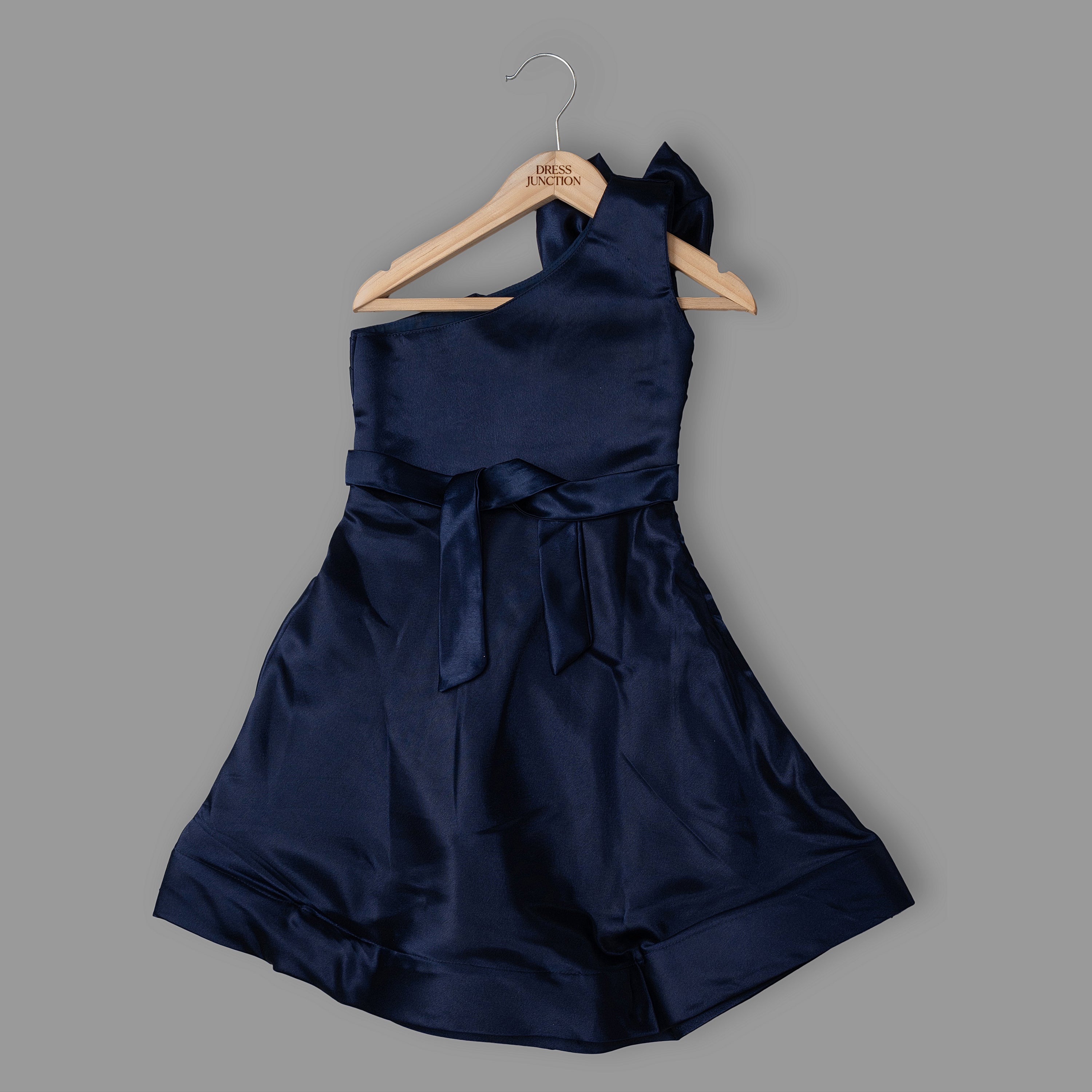 Navy Blue One-Shoulder Satin Party Dress for Girls