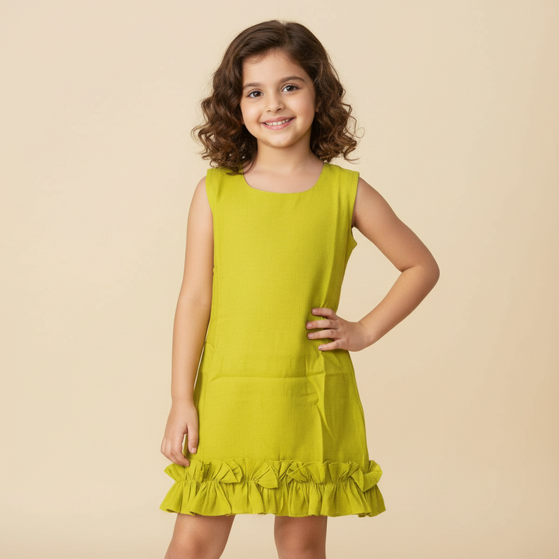 Girls Sleeveless Cotton-Viscose Ruffle Hem Dress – Lime Green
