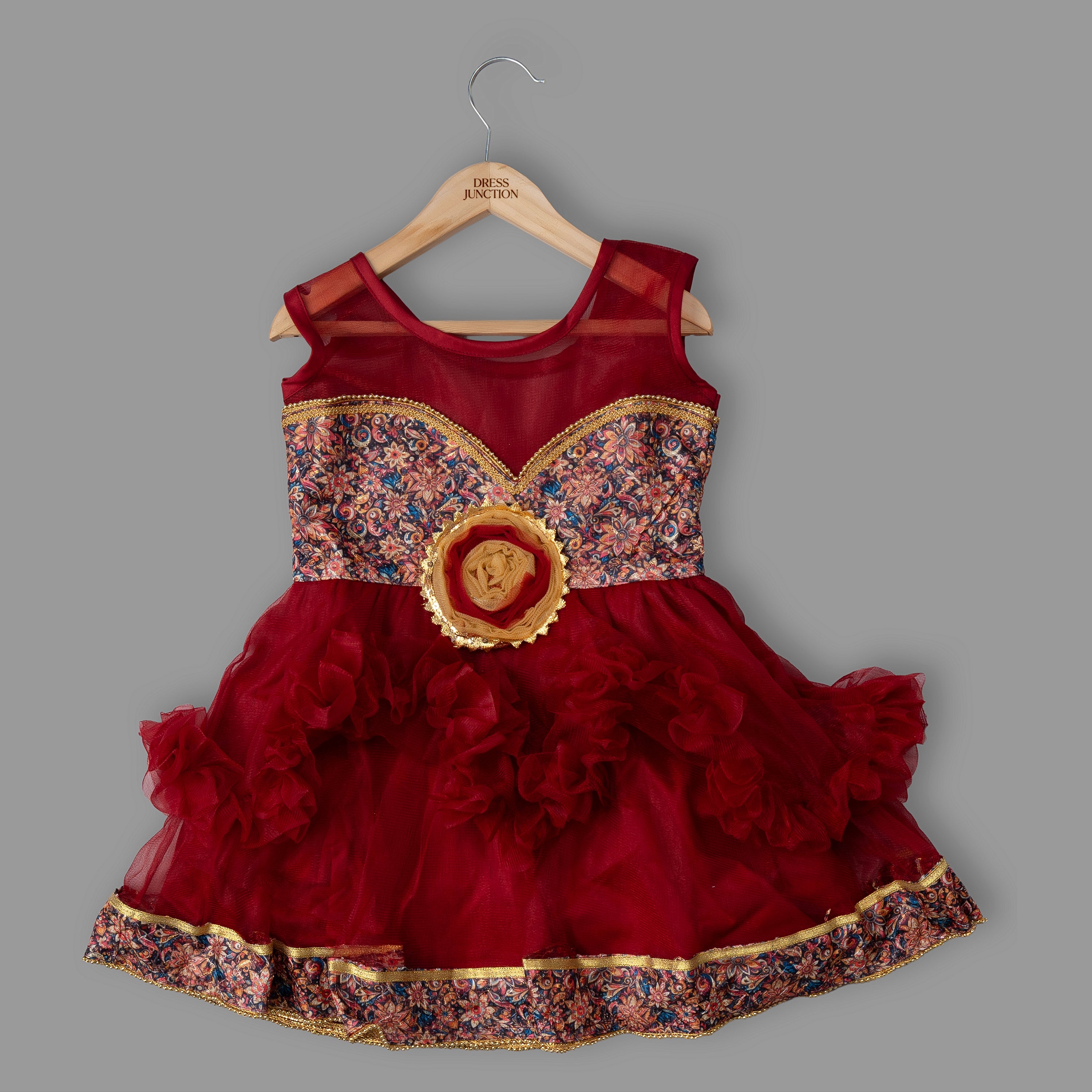 Girls Maroon Net & Art Silk Party Frock with Floral Work