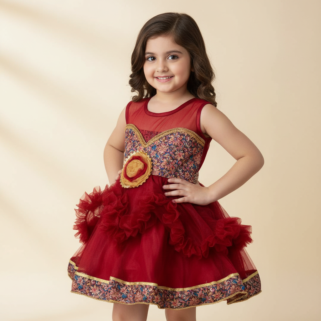 Girls Maroon Net & Art Silk Party Frock with Floral Work
