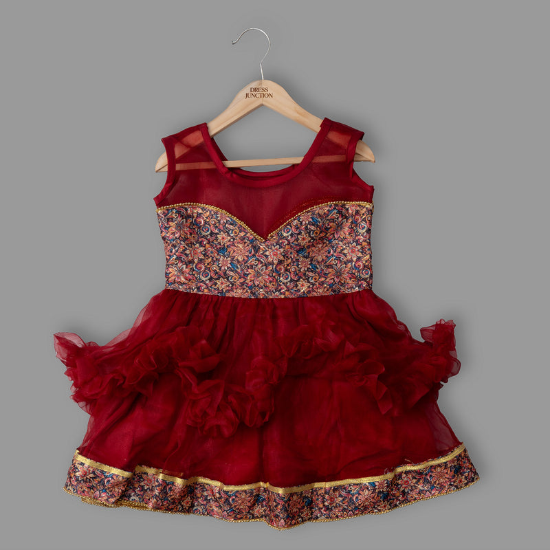 Girls Maroon Net & Art Silk Party Frock with Floral Work