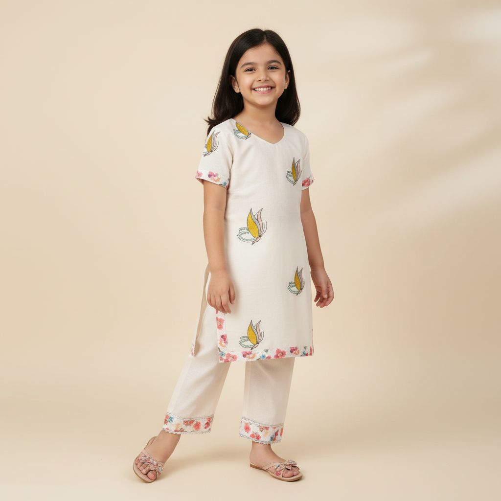 Girls Kora Cotton Embroidered Kurta & Pant Set with Art Silk Borders
