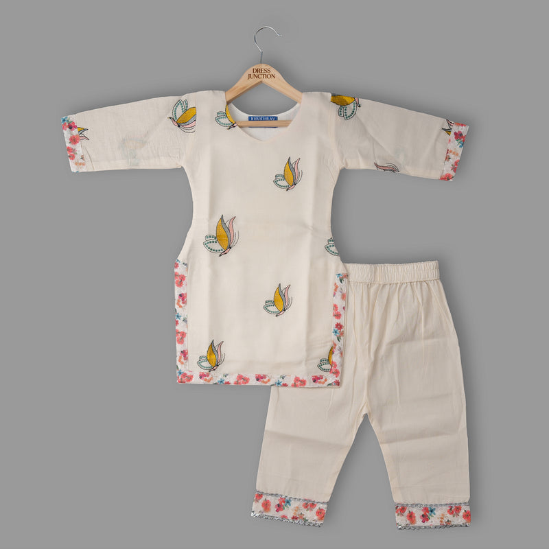Girls Kora Cotton Embroidered Kurta & Pant Set with Art Silk Borders