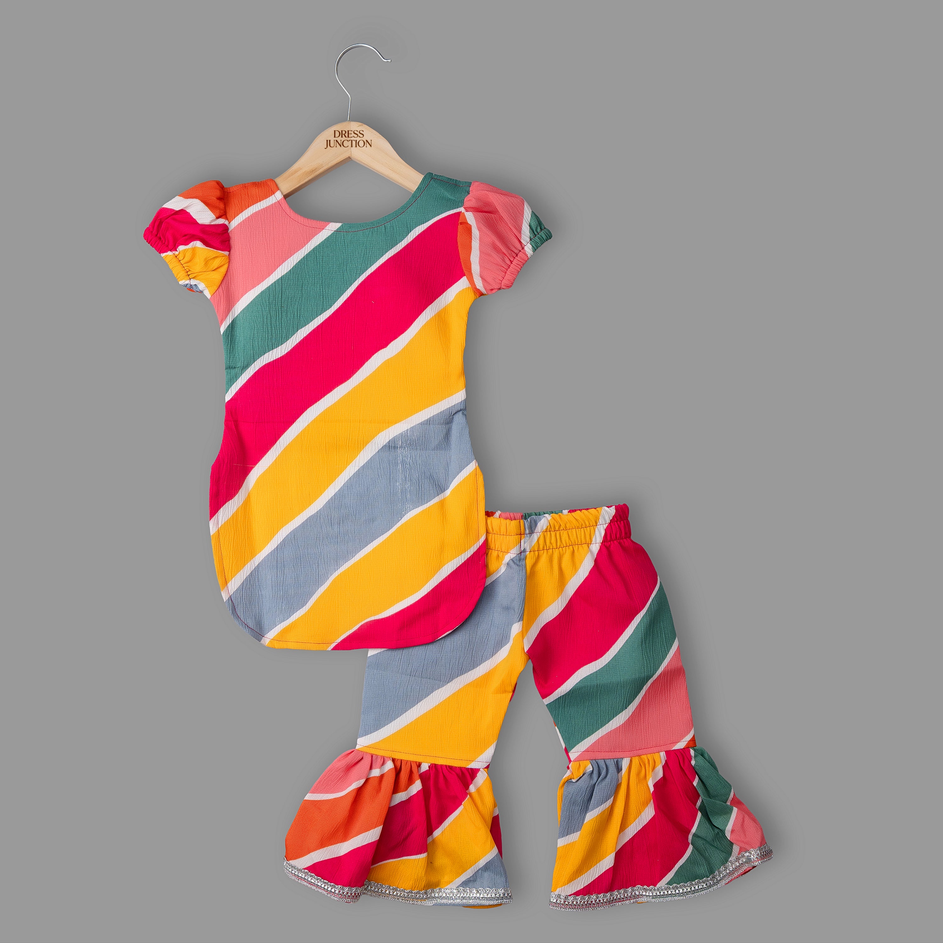 Girls Multicolor Striped Kurta With Bell Bottom Pants – Wrinkled Polyester & Cotton Lining