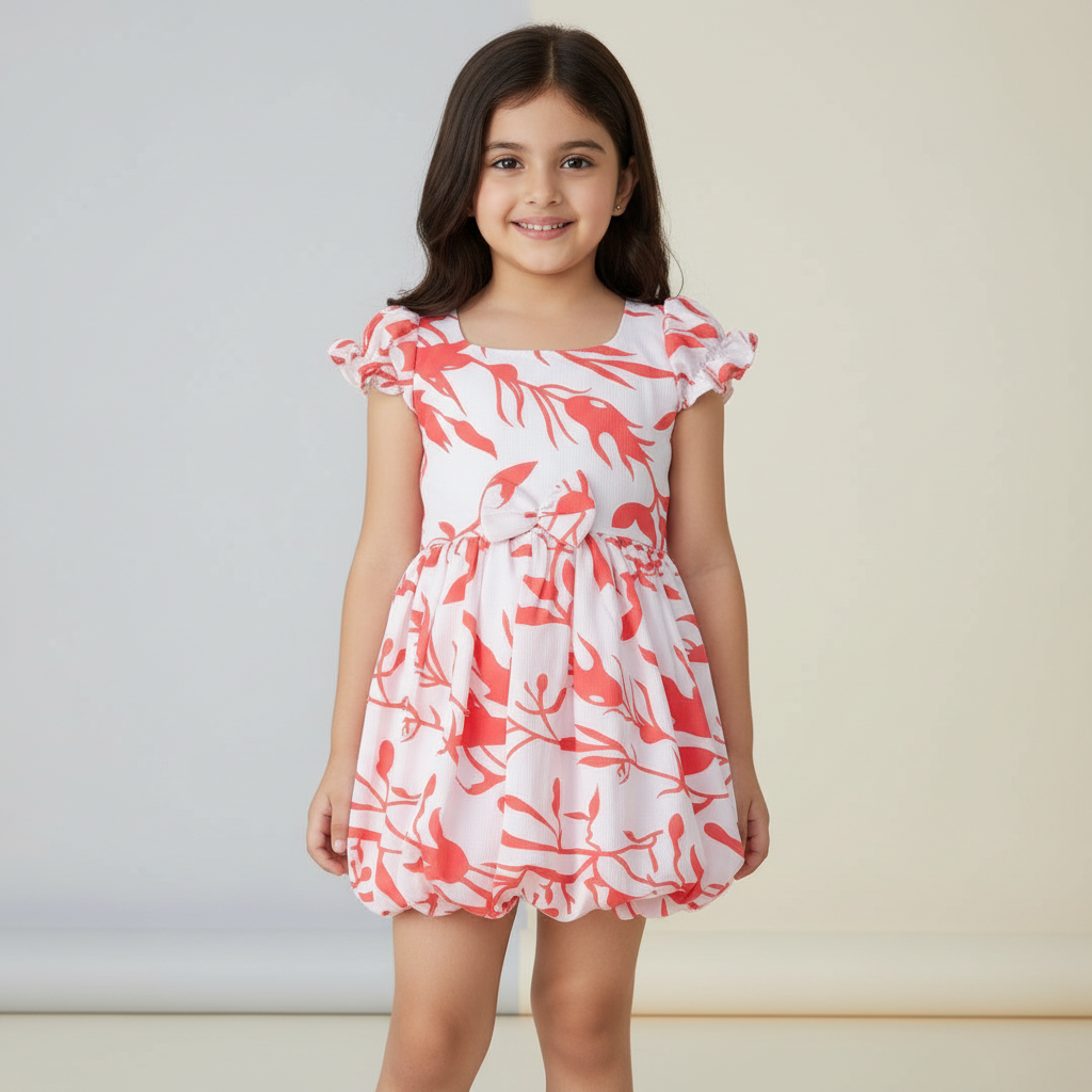White & Coral Bubble Frock With Pants – Wrinkled Polyester & Cotton Lining