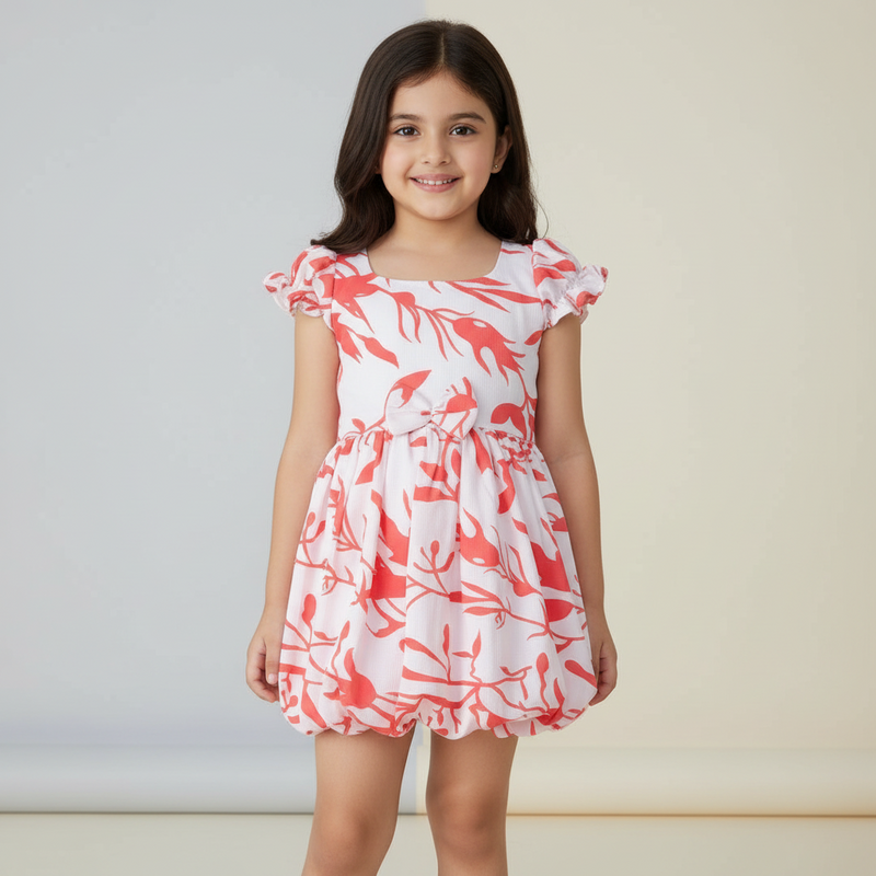White & Coral Bubble Frock With Pants – Wrinkled Polyester & Cotton Lining