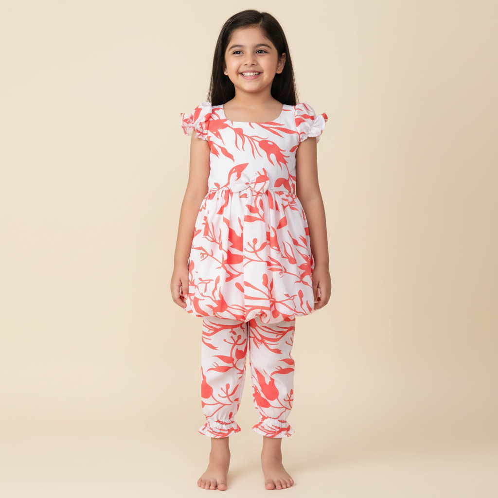 Young girl wearing a white outfit with red floral patterns on a beige background