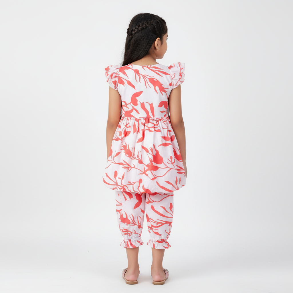 White & Coral Bubble Frock With Pants – Wrinkled Polyester & Cotton Lining