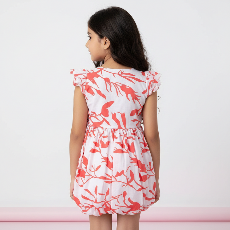 White & Coral Bubble Frock With Pants – Wrinkled Polyester & Cotton Lining