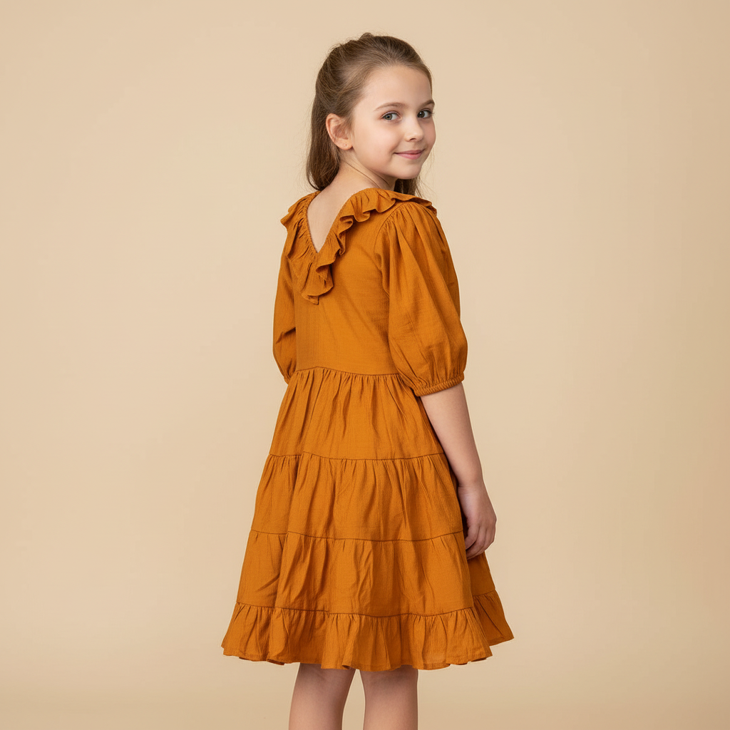 Girls Mustard Tiered Ruffle Dress