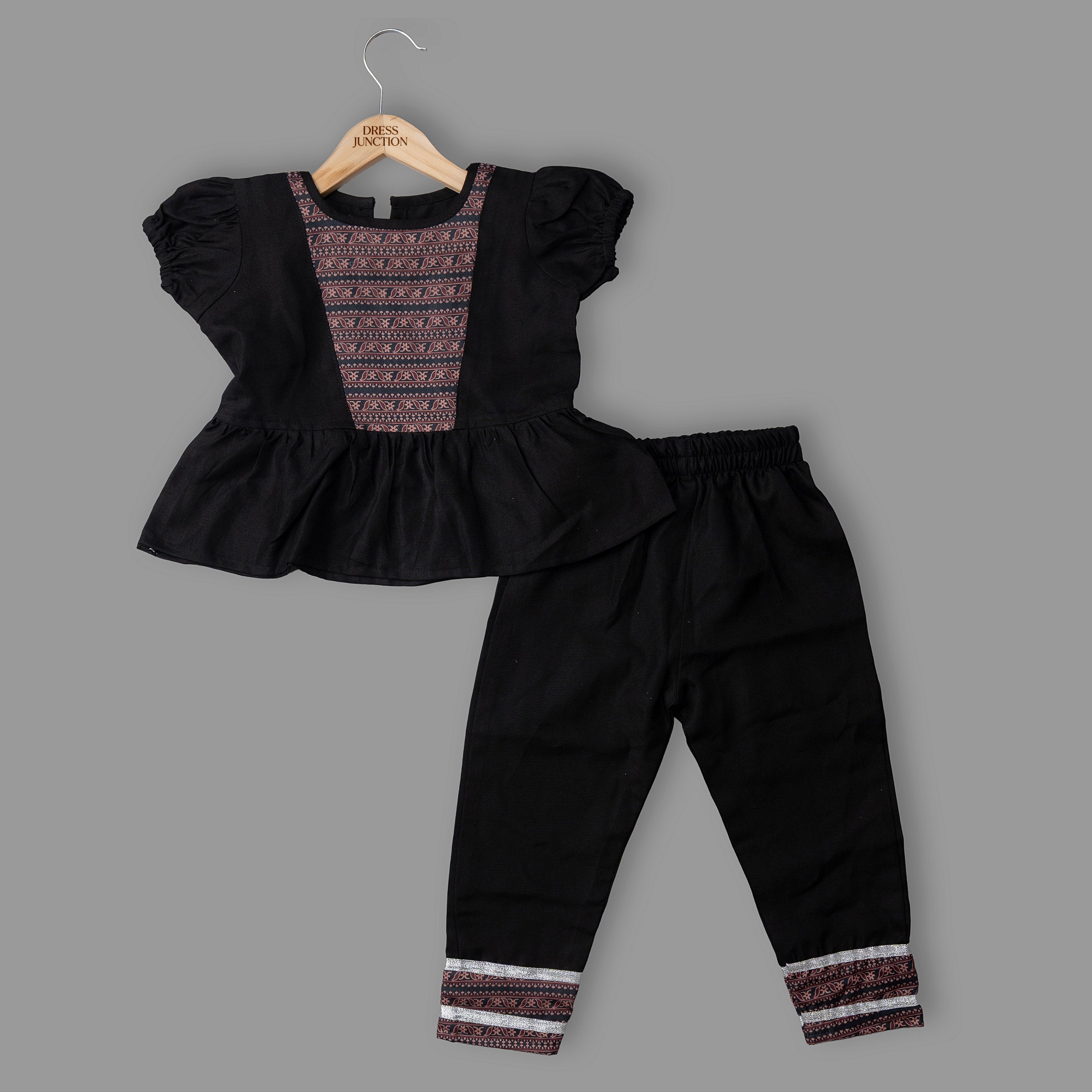 Girls Black Cotton-Blend Peplum Top & Pant Set