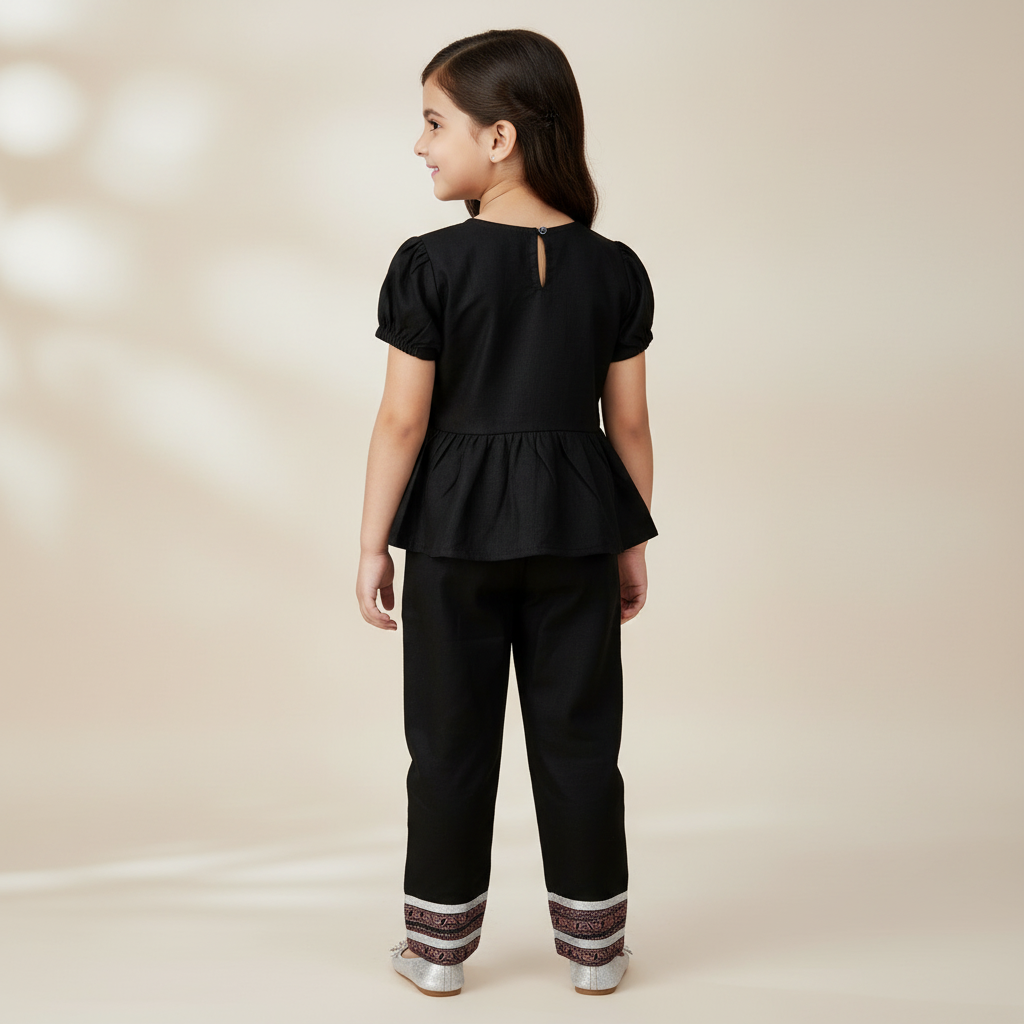 Girls Black Cotton-Blend Peplum Top & Pant Set
