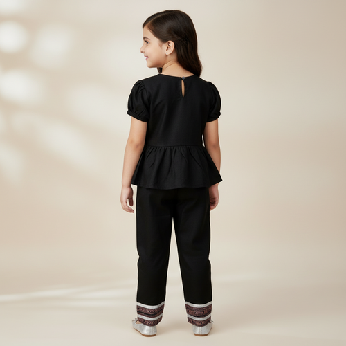Girls Black Cotton-Blend Peplum Top & Pant Set