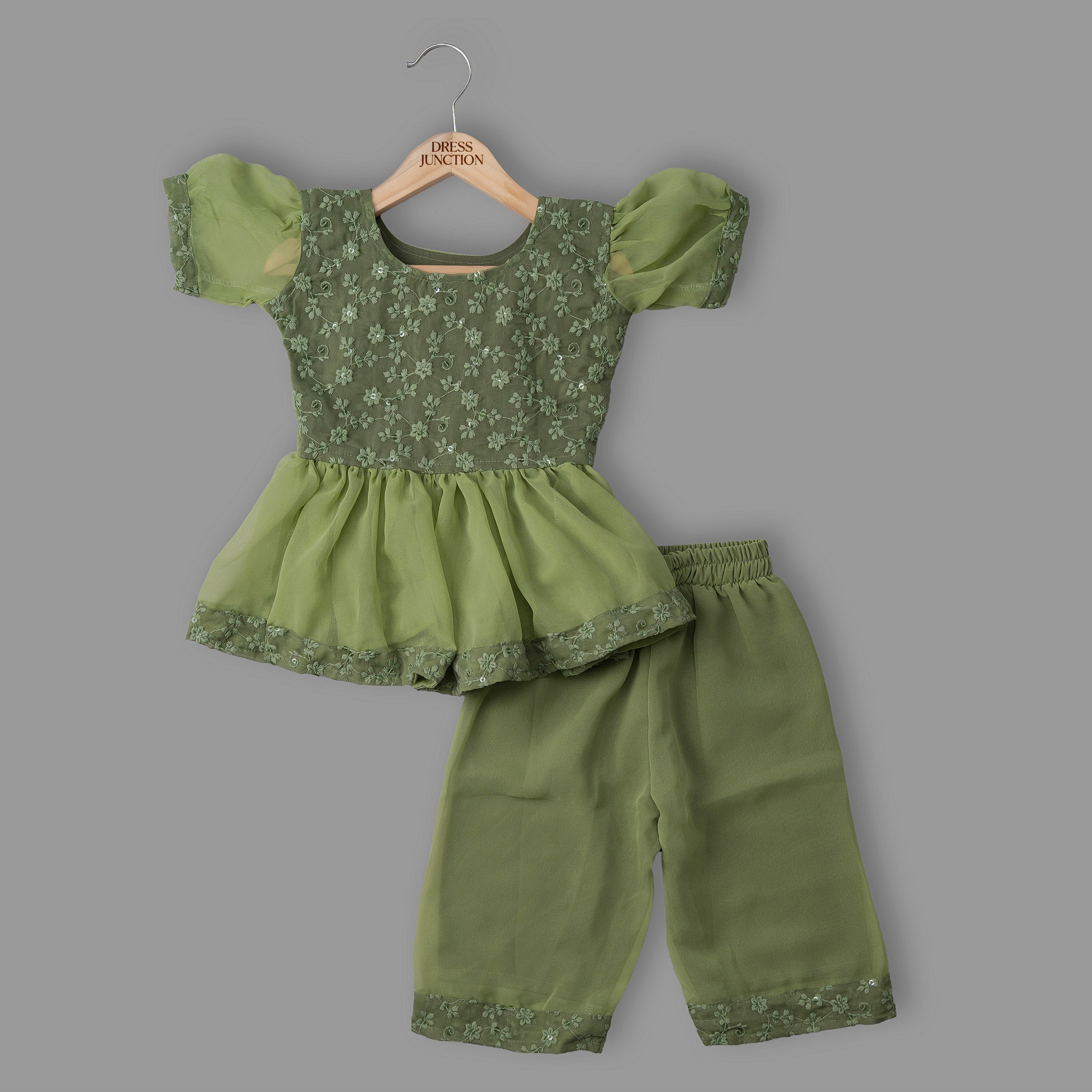 Girls Green Embroidered Soft Georgette Peplum Top & Pant Set