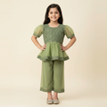 Girls Green Embroidered Soft Georgette Peplum Top & Pant Set