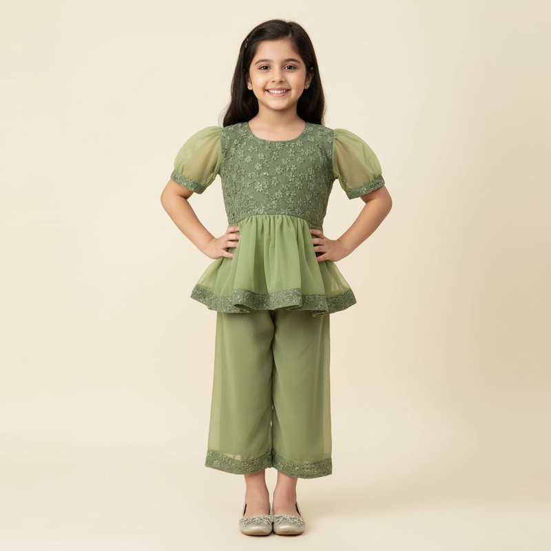 Girls Green Embroidered Soft Georgette Peplum Top & Pant Set