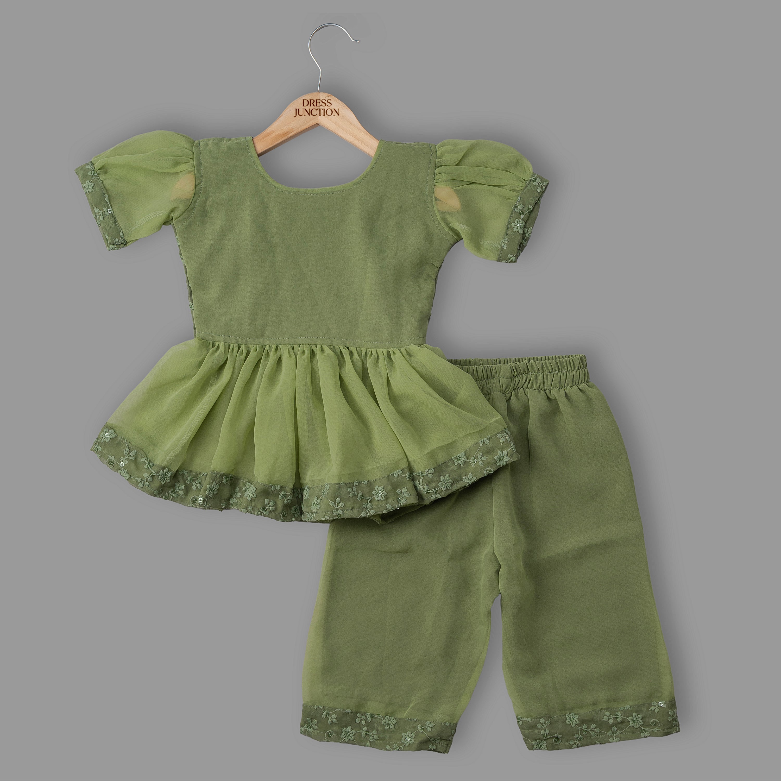 Girls Green Embroidered Soft Georgette Peplum Top & Pant Set