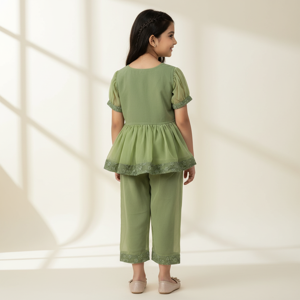 Girls Green Embroidered Soft Georgette Peplum Top & Pant Set