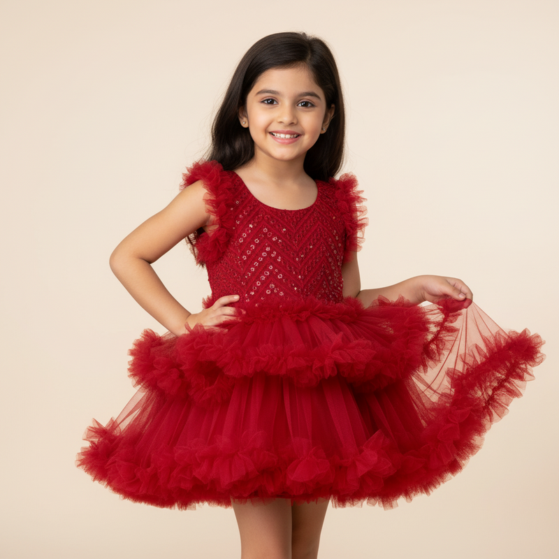 Girls Red Soft Net Embroidered Party Dress