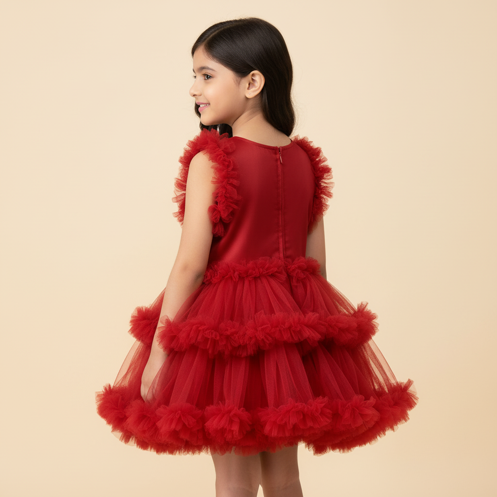 Girls Red Soft Net Embroidered Party Dress